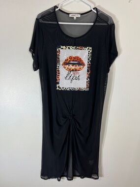 Love J Black Sheer Tunic with Leopard Lip Graphic